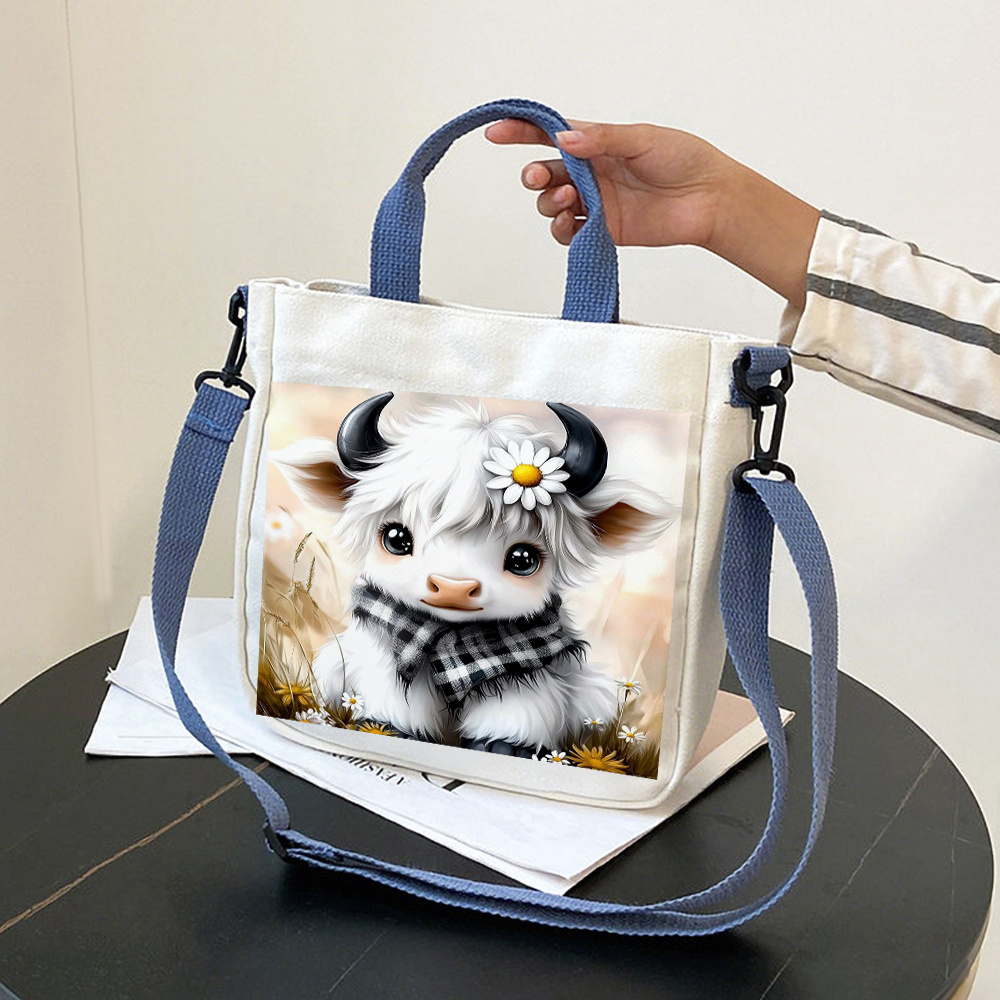 

1pc Canvas Tote Bag With Cute Highland Cow Print, , Material, With Closure, For Daily Use, Travel, School - Hand Washable