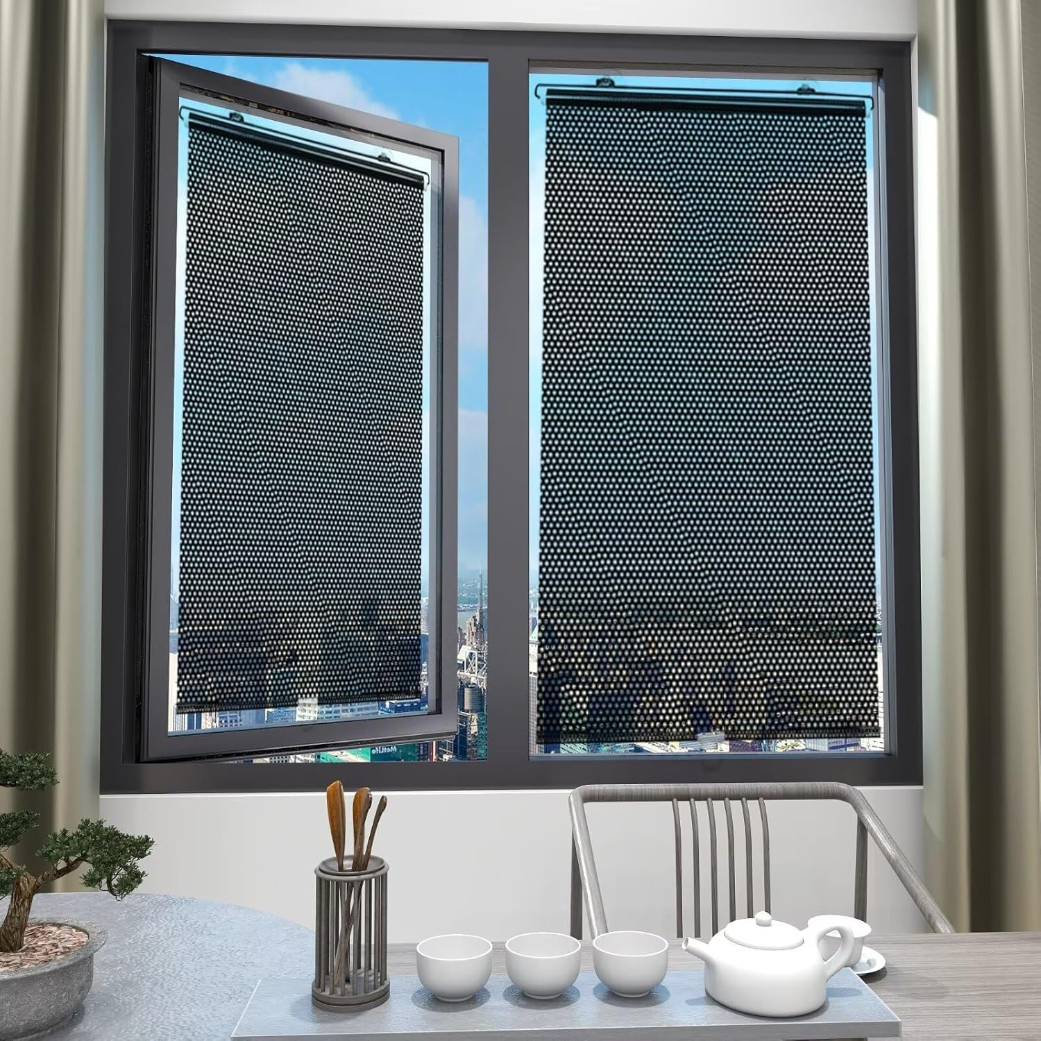 Set of 2 Wireless Roller Blinds - Black Shades Featuring 6 Suction Cups, Insulating Properties, Suitable for Bedroom, Living Room, Home Office, And Window Treatments | Contemporary Window Coverings | Easy to Install Curtains