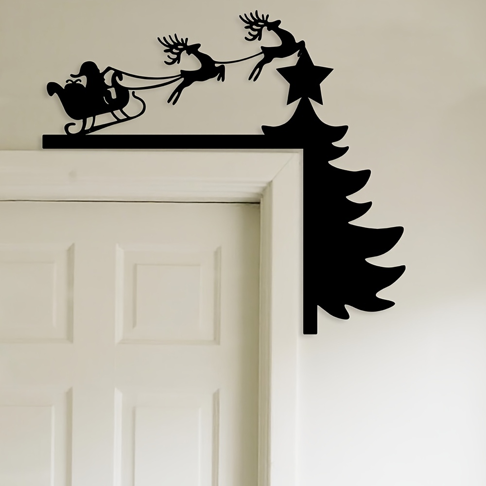 TEMU Holiday Santa Claus Christmas Door Corner Sign - Black Iron Christmas Decoration Featuring Of Santa And Reindeer, Perfect For Indoor Wall Decor,