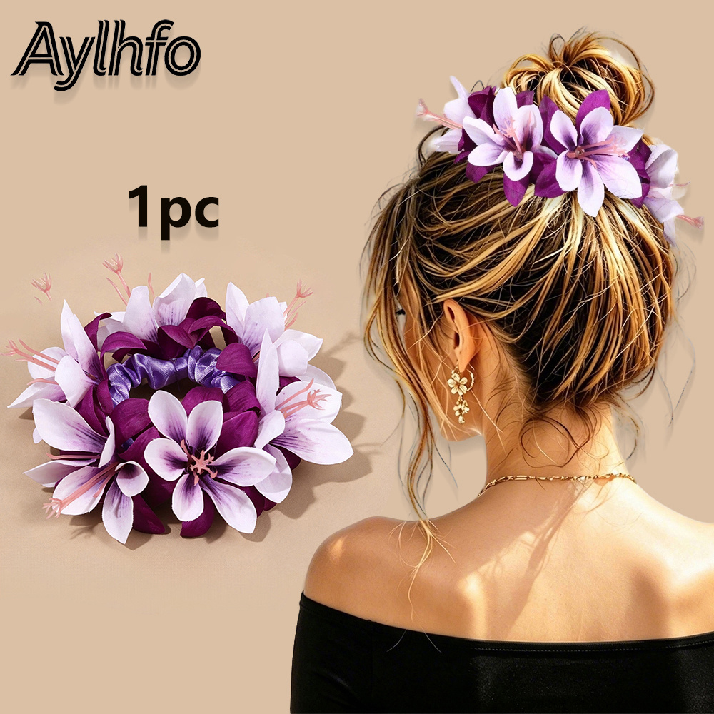 TEMU Aylhfo 1pc New Hawaiian Style Simulated Double-layer Hibiscus Flower Egg Hair Tie, Beach Vacation Vibe Hair Cord, Versatile Hair Tie For Beach,