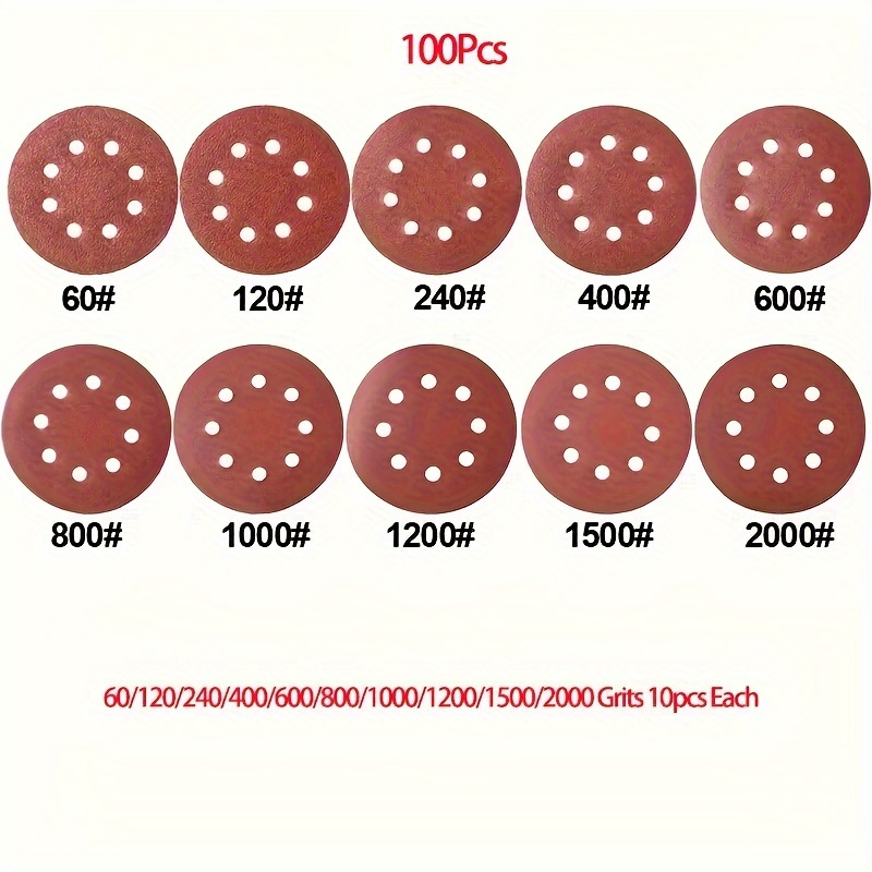 E-shop 100 Stück 12,7 cm 8-Loch Schleifpapierblätter, 60 120 240 400 600 800 1000 1200 1500 2000 Körnung Schleifpapier, Rundschleifpapier für
