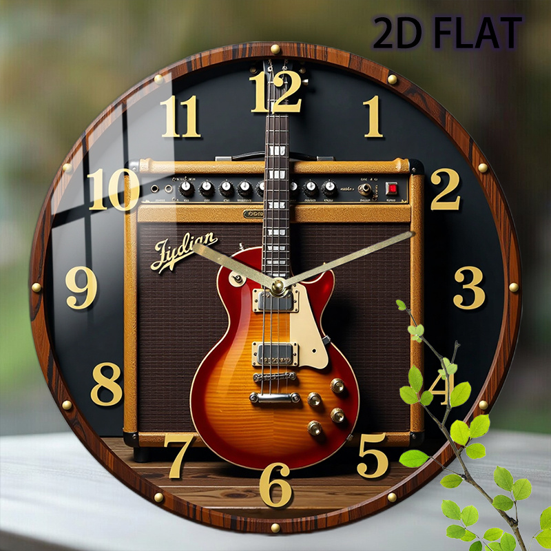 TEMU 2d Flat, 1pc 12-inch Silent Round Guitar Music Decor Wall Clock, Quartz Movement, Battery Powered (aa Battery Not Included), Suitable For