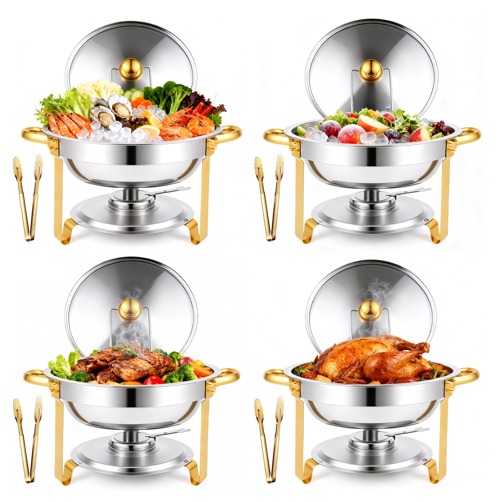 Image of Chafing Dishes For Buffet 1/2/4 Pack, With Clips, 5qt Round Chafing Dish Buffet Set [elegant And ] Stainless Steel Chafing Dish For Weddings And Parties - Cooking, Cooking