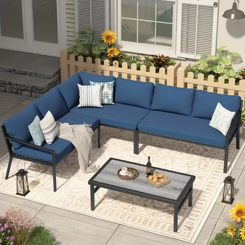 aluminum patio furniture set outdoor furniture combination sectional sofa couch patio living room set at price with table and chairs set for lawn backyard and deck with navy cushions