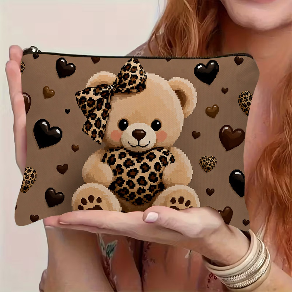 TEMU Cute Teddy Bear And Leopard Print Accent Cosmetic Bag, Soft Polyester Makeup Pouch In Warm Brown Tone With Hearts Pattern, 22cm X 15cm / 8.7