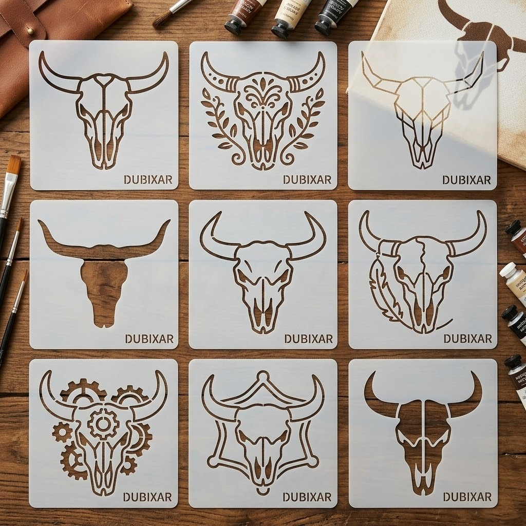 TEMU Dubixar 9pcs Bull Painting Stencils Set, 10x10cm Reusable Pet Plastic Stencil Kit For Craft, Canvas Art, Wood Decor, Wall Art & Home Decoration