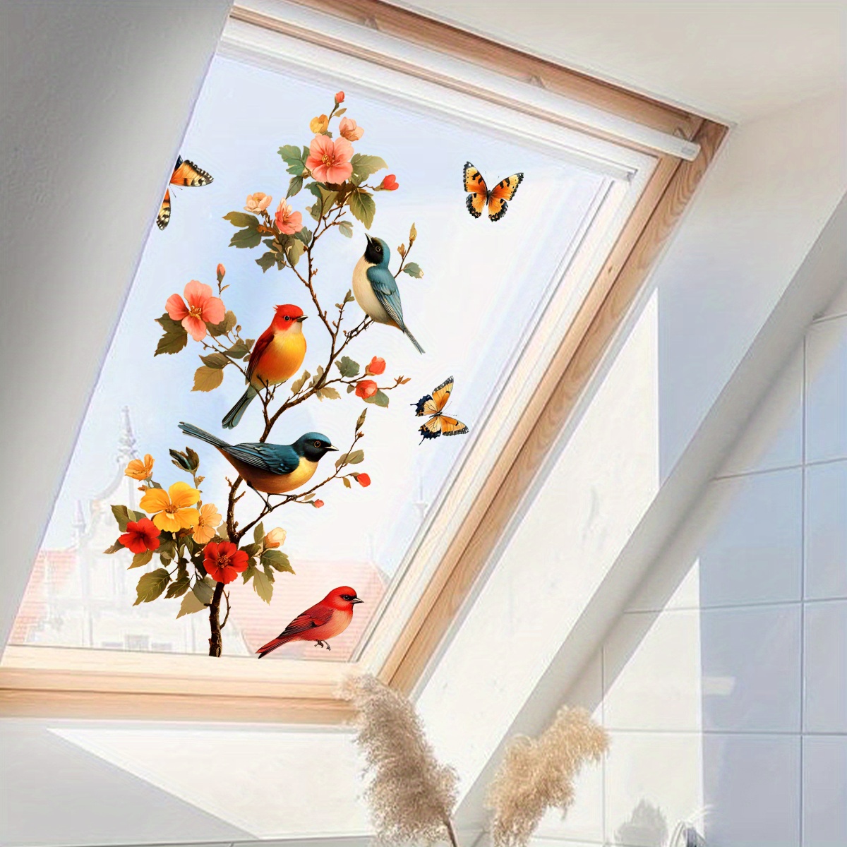 E-shop Vier bemalte Blumen-, Zweig- und Vogel-Fensteraufkleber mit Schmetterlingen, elektrostatische Sticker, Fensterdekoration,