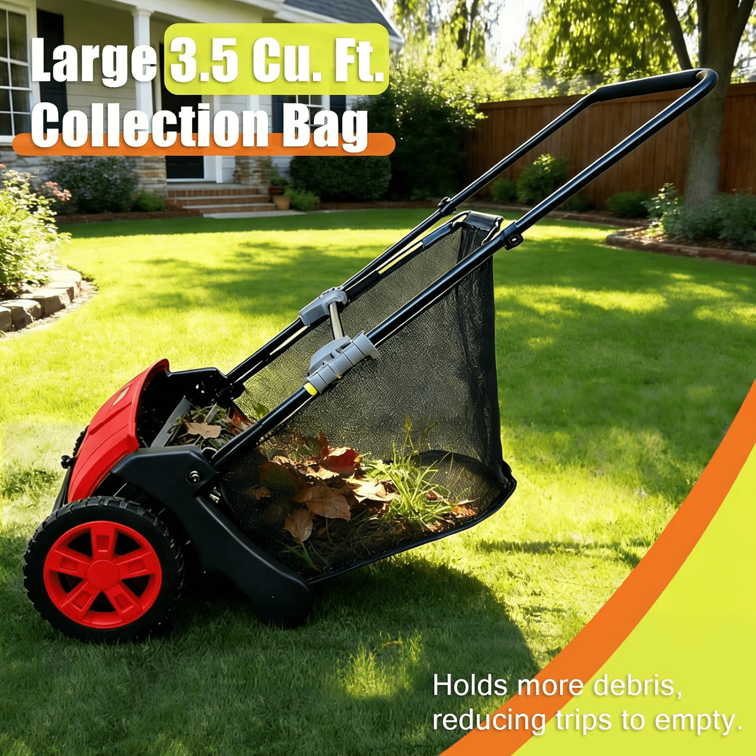 Push Lawn Sweeper, 21inch Leaf & Grass Collector, Heavy Duty Thickened Steel Durable To Use With Large Capacity 3. 5 Cu. Ft. Mesh Collection Hopper Bag, 2 Spinning Brushes