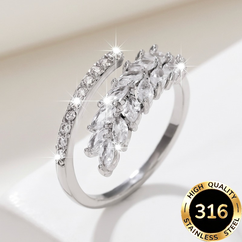 TEMU 1pc High Quality Open Adjustable Steel Hypoallergenic Light Luxury Elegant Sparkling Starry Wheat Ear Leaf Shape With White Synthetic Zirconia