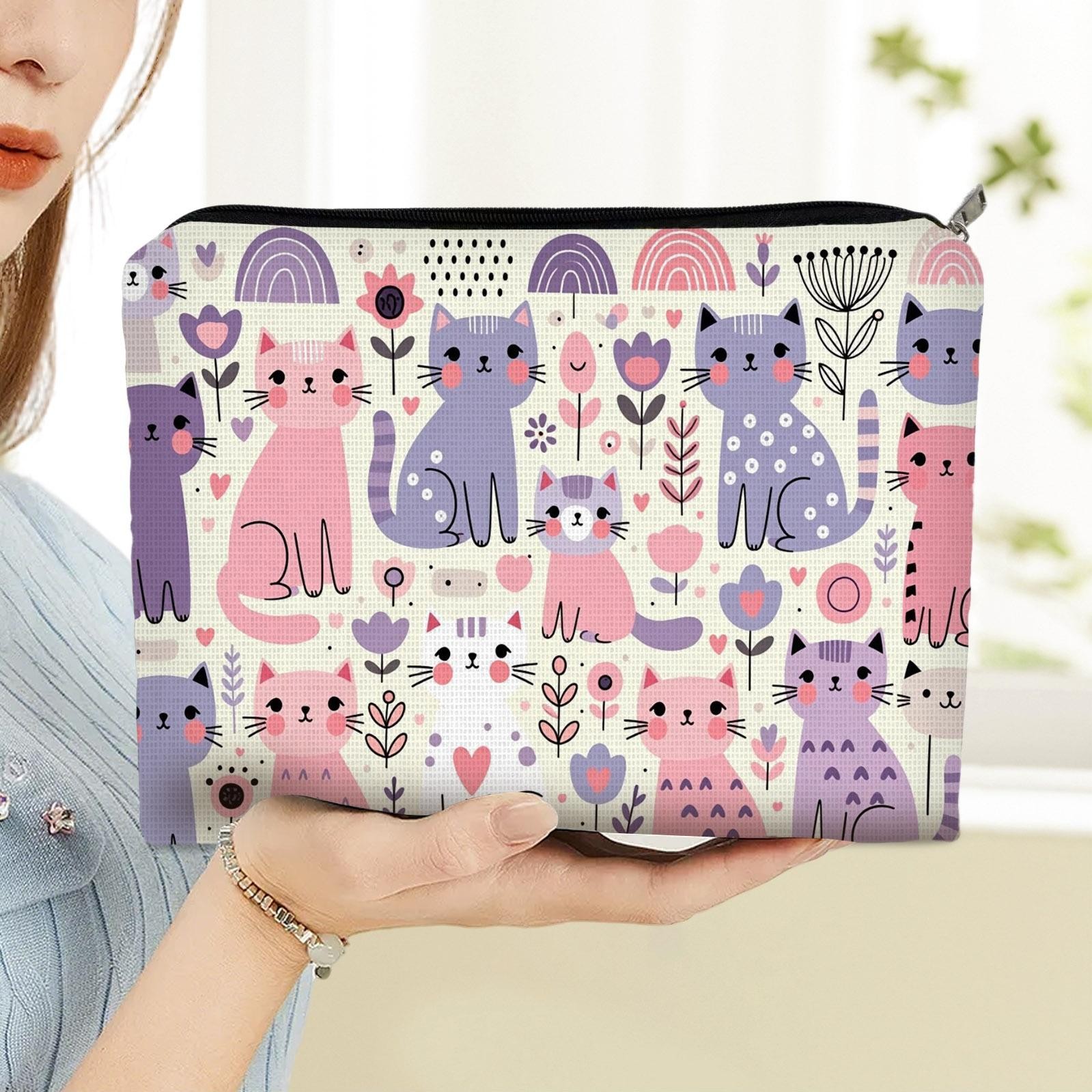 TEMU Soft Pastel Kitten And Flower Print Travel Cosmetic Bag, Suitable For Portable Washing And Storage, Cute Cat-shaped Makeup Finishing Bag, Light