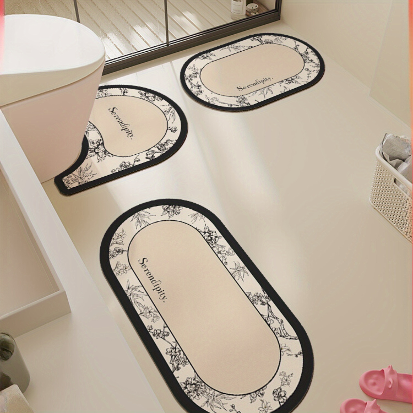 TEMU 3ps Bathroom Non-slip Mat Elegant Life Absorbent Soft Rubber Floor Mat Toilet Non-slip Foot Mat Toilet Three-piece Set Household Sink Carpet