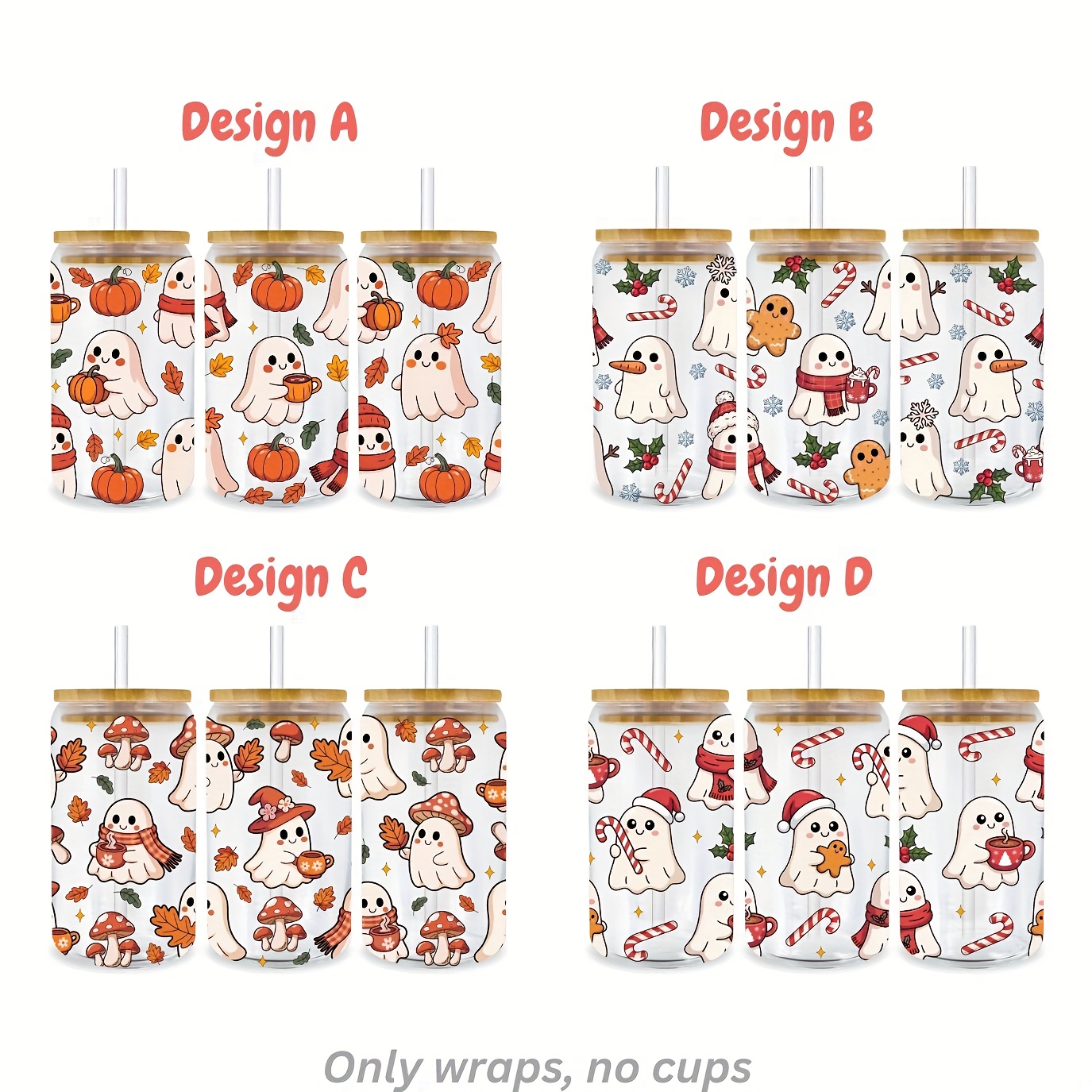 TEMU 4pcs Set Of Warm And Cute -style Halloween And Christmas Uv Transfer, Suitable For 16-ounce Glass Cups, Insulated Tumblers, And Mugs For