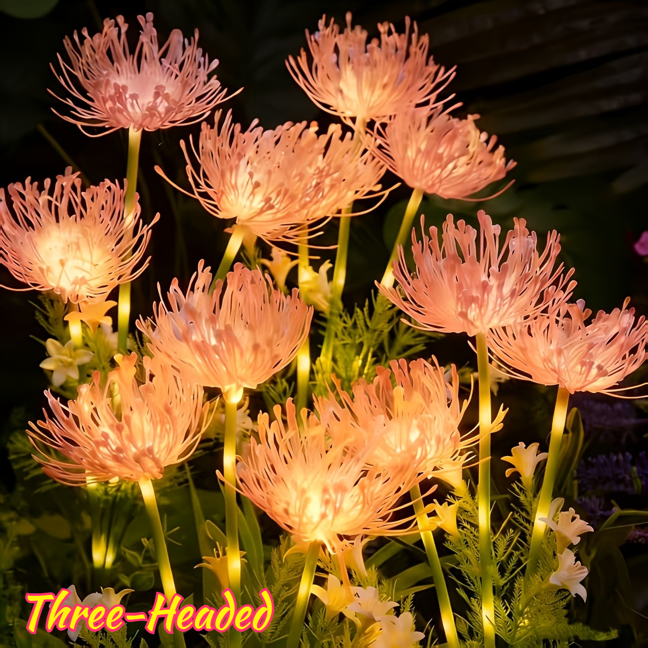 1pc, Three-head Outdoor Garden Light, Utilizing Solar Energy And Night Lighting, Warm Color Or Yellow/pink , Suitable For Lawns, Courtyards, And . Made Of Plastic, With Non-removable Panel, Ip65