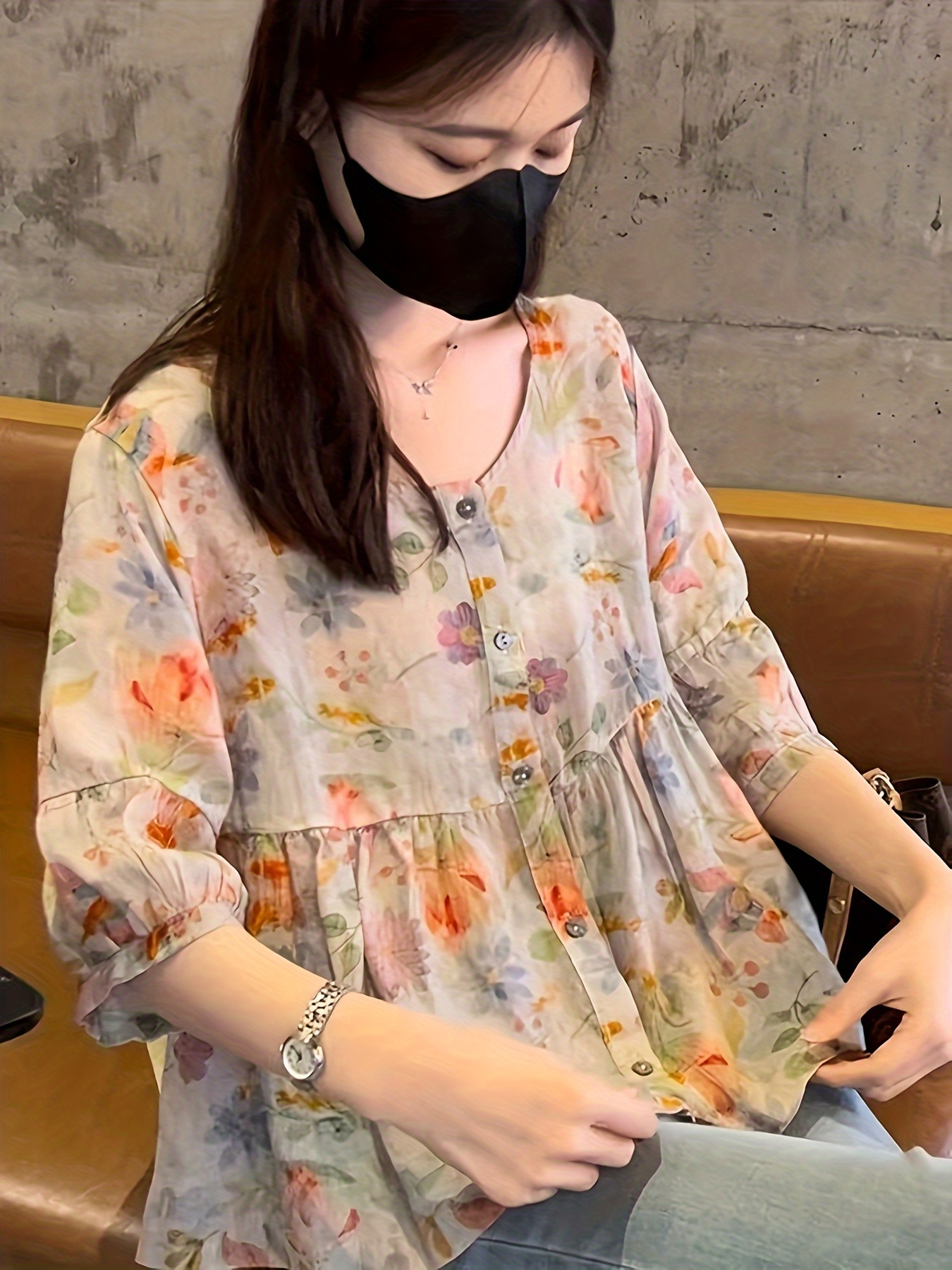 商品名】精巧な刺繍入りラペルパッチワーク七分袖ブラウス 