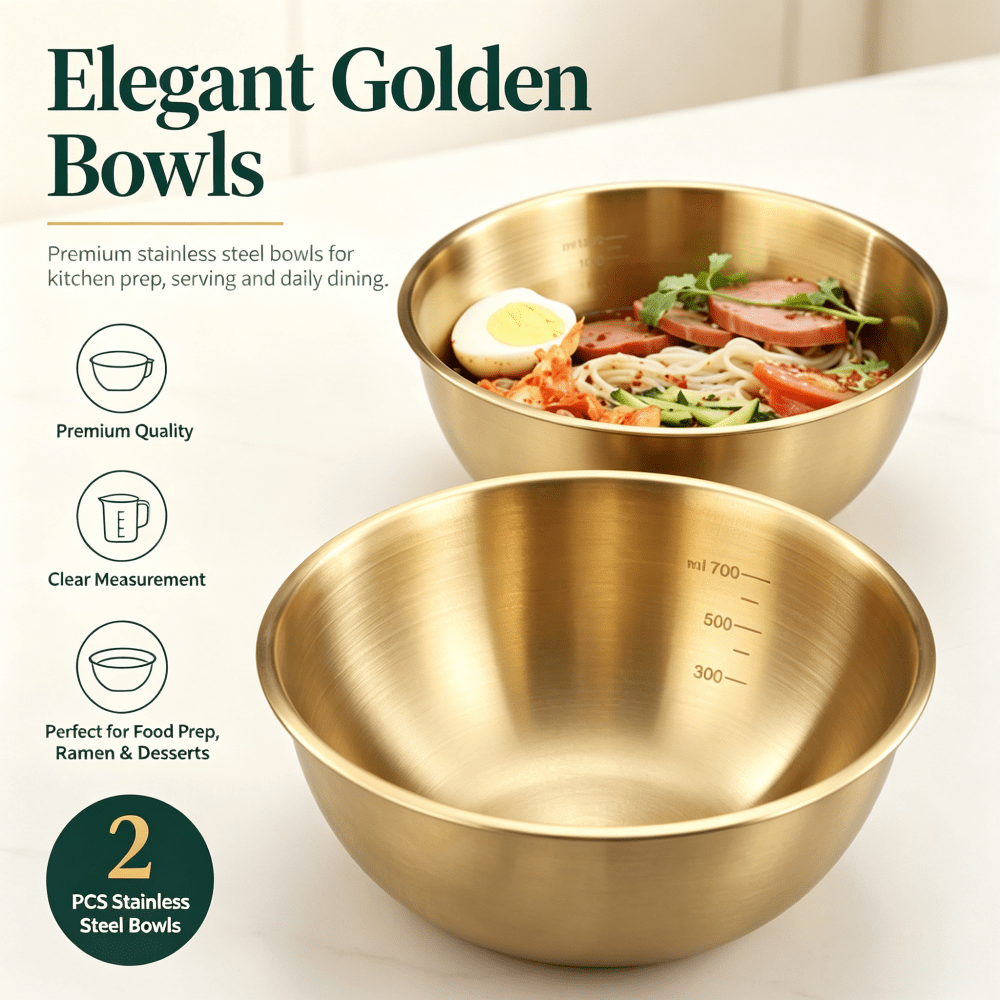 TEMU 2pcs Brushed Golden Stainless Steel Ramen Bowls With Measurement Scale, Stackable Large Metal Mixing Bowls, Anti-fingerprint Food Prep Bowls For