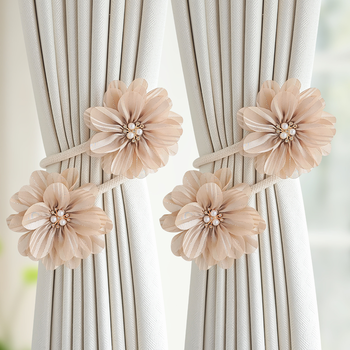 TEMU 2pcs Exquisite Flower Curtain With Pearls, Elegant Floral Curtain Tieback, Light Curtain Decor For Bedroom And Living Room