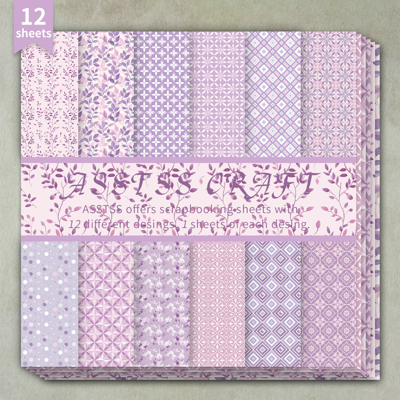 TEMU 12-sheet Asstss Inches Scrapbooking Paper Pad, Light Purple Floral Geometric Polka Dot Elegant Style Backing Paper Supplies, Heavyweight