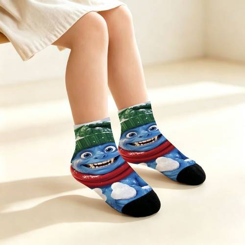 Kids Cute Monster Graphic Ankle Socks, Soft Breathable Fabric with Cozy Winter-Themed Festive Print, Stretchy for Boys And Girls, Daily School Casual Cartoon Footwear