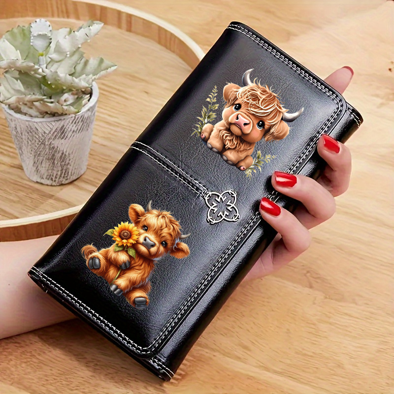 TEMU Highland Cow Wallet For Women, Vintage Trifold Clutch Purse, Cute Cow Print Long Wallet With Card Slots, Sunflower Cow Design Wallet, Gift For