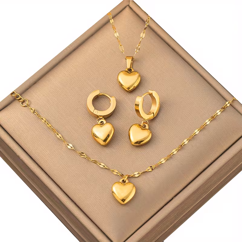 4pcs set of 316l stainless steel 18k golden plated golden plated heart jewelry french necklace bracelet and earrings set long hypoallergenic daily wear versatile for dates and gift details 1