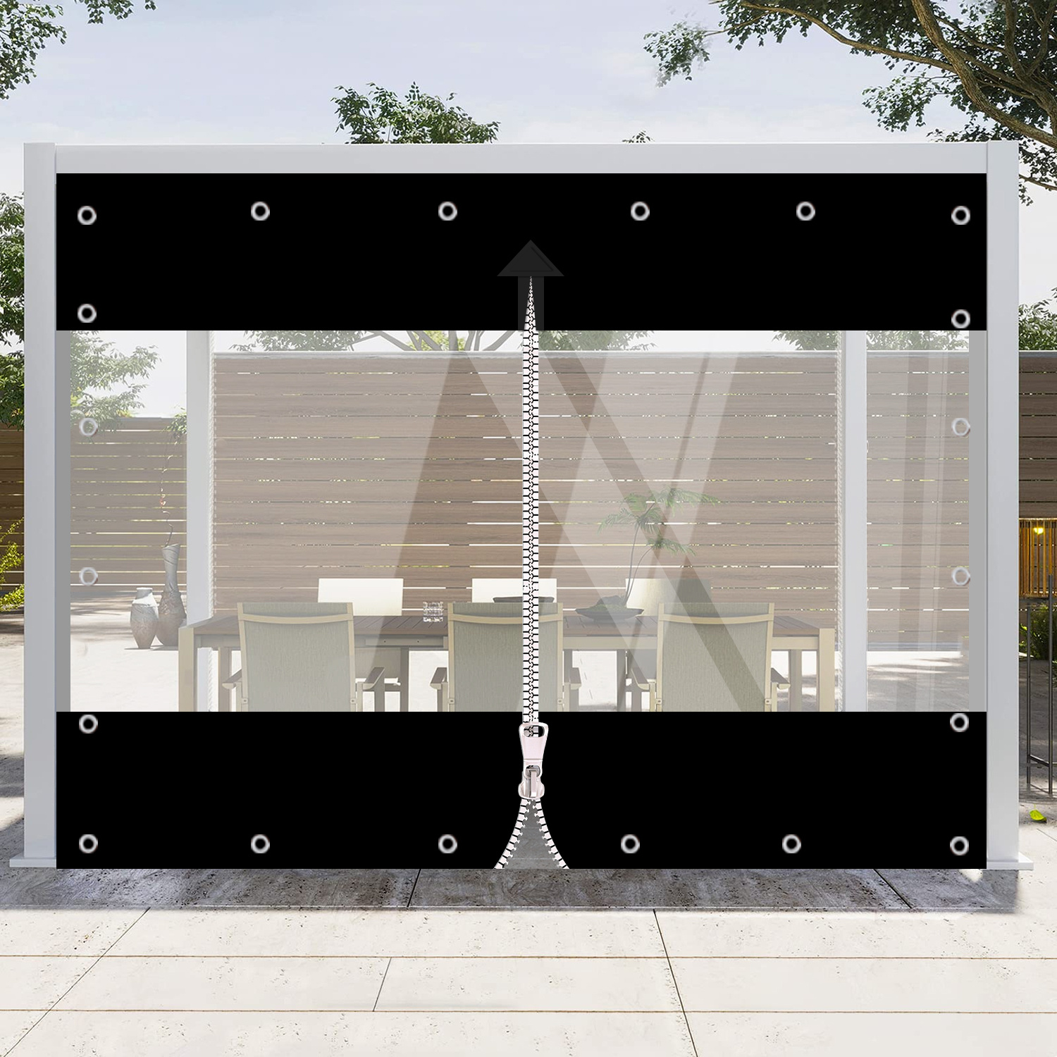 Stylish Outdoor Door Curtain - Premium Coated Fabric, Transparent Pvc, Fast Access With Single Zipper, Stability With Technique, Thickened Bottom For Durability!