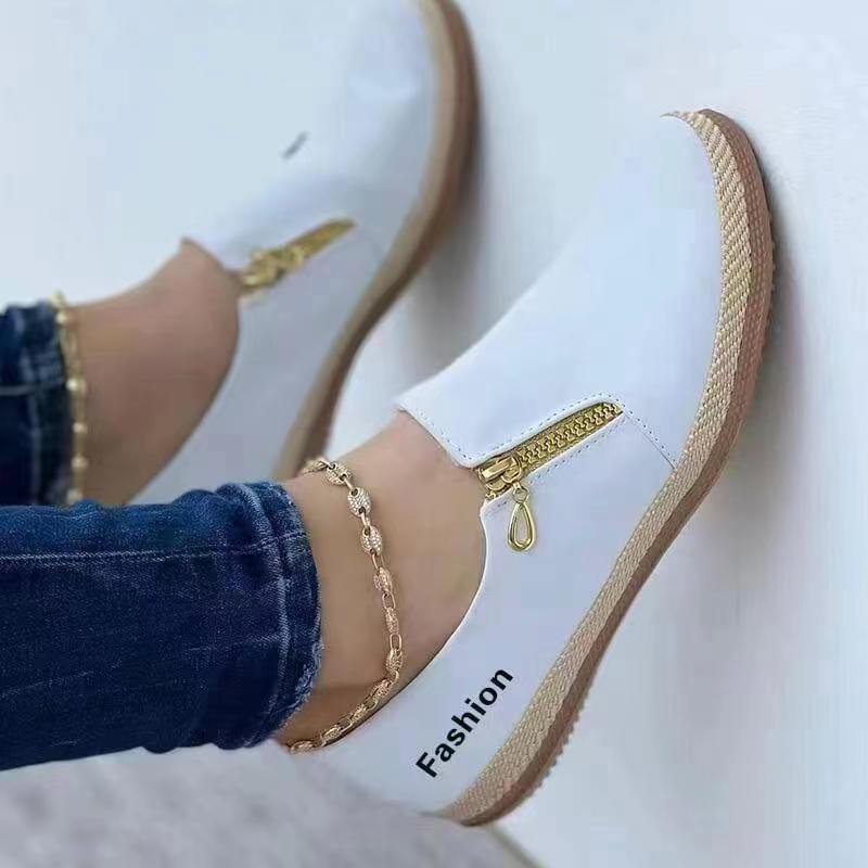 Image of Women's Korean Style Low-cut Round Toe Loafers With Side Zipper - Slip-on Flat Shoes Suitable For Daily Wear & Office, Woven Sole & Sole, Upper, - Casual Footwear For And , Women Shoes, Sneakers