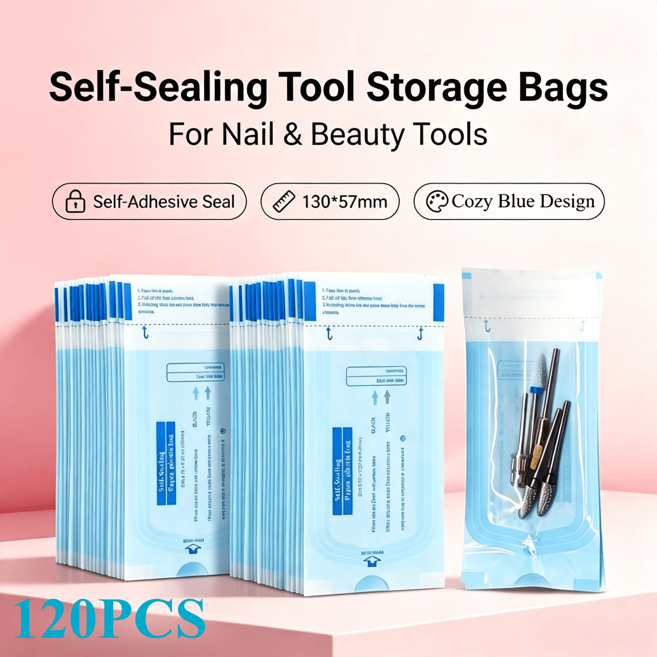 TEMU 120pcs 130 X 57mm Small Tool Cleaning Bags, Nail Tool Storage Bags With Self-sealing And Indicator, Heat-resistant Exquisite Packaging Bags,