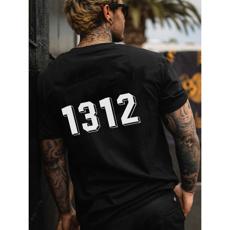 

Men's Casual Crew Neck T-shirt With 1312 Print, 100% Polyester Short Sleeve Summer Top, Regular Fabric Tee For - H Size