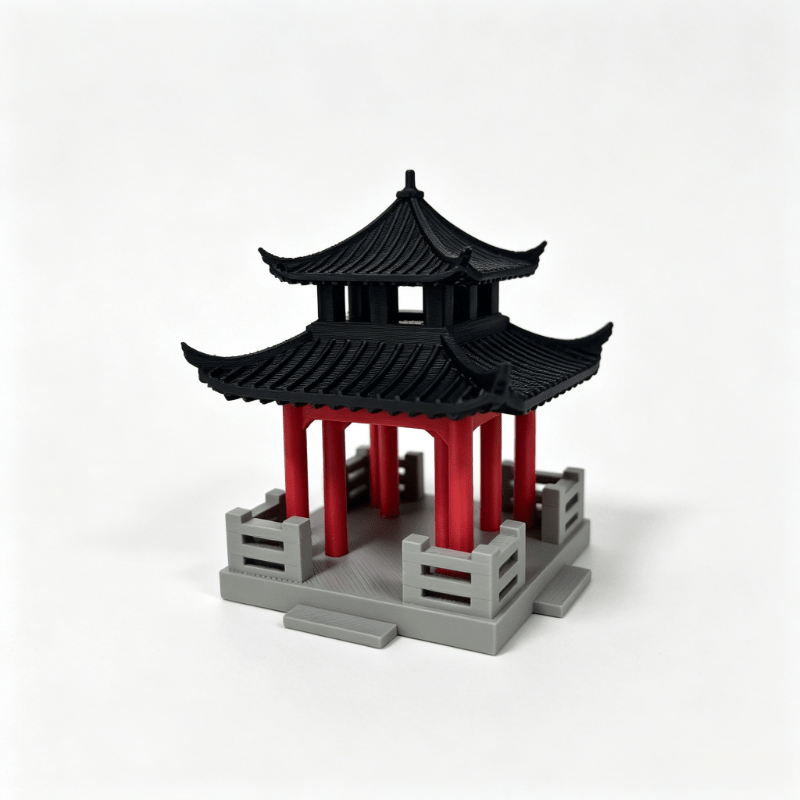 TEMU 1pc Chinese Miniature Model - Vintage Octagonal Garden Architecture With Black-tile Roof & Red-pillar Suitable For Diy Terrariums, Landscaping,