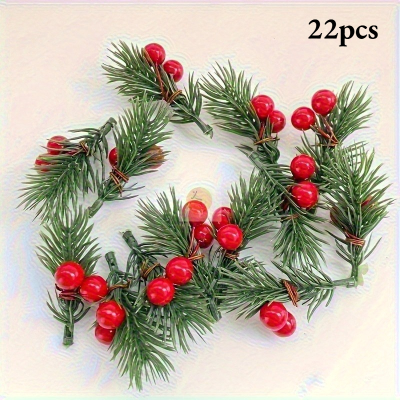 TEMU 22-pack Artificial Christmas Pine Branches With Red Berries And Plastic Holiday Flowers, Suitable For Diy Crafts, Gift Box Decoration, And Party