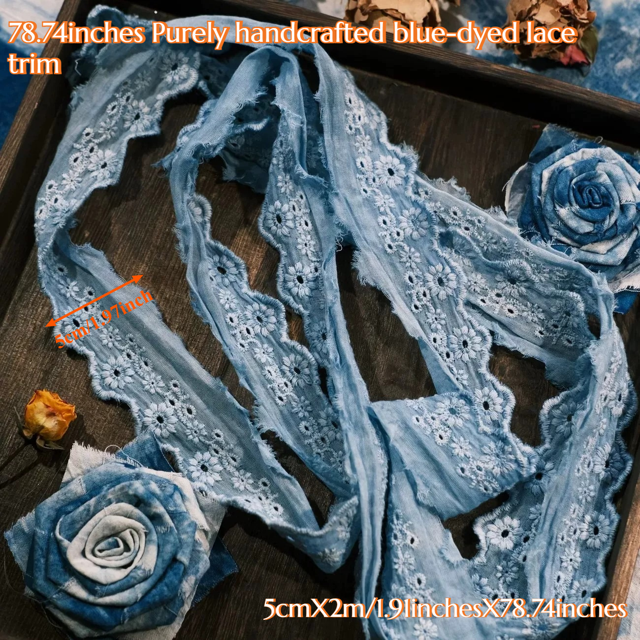 TEMU Lanière de dentelle main teinte à l'indigo de 2 mètres, fournitures vintage vieillies pour , embellissements en tissu à faire soi-même pour le