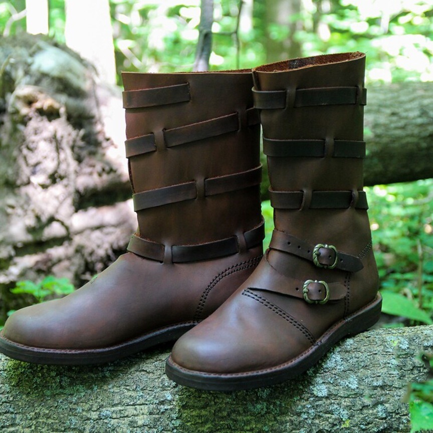 Image of Strap Mid Calf Boots For Men, Medieval Viking Pirate Boots, Outdoor Daily Larp Halloween Renaissance Cosplay Footwear
