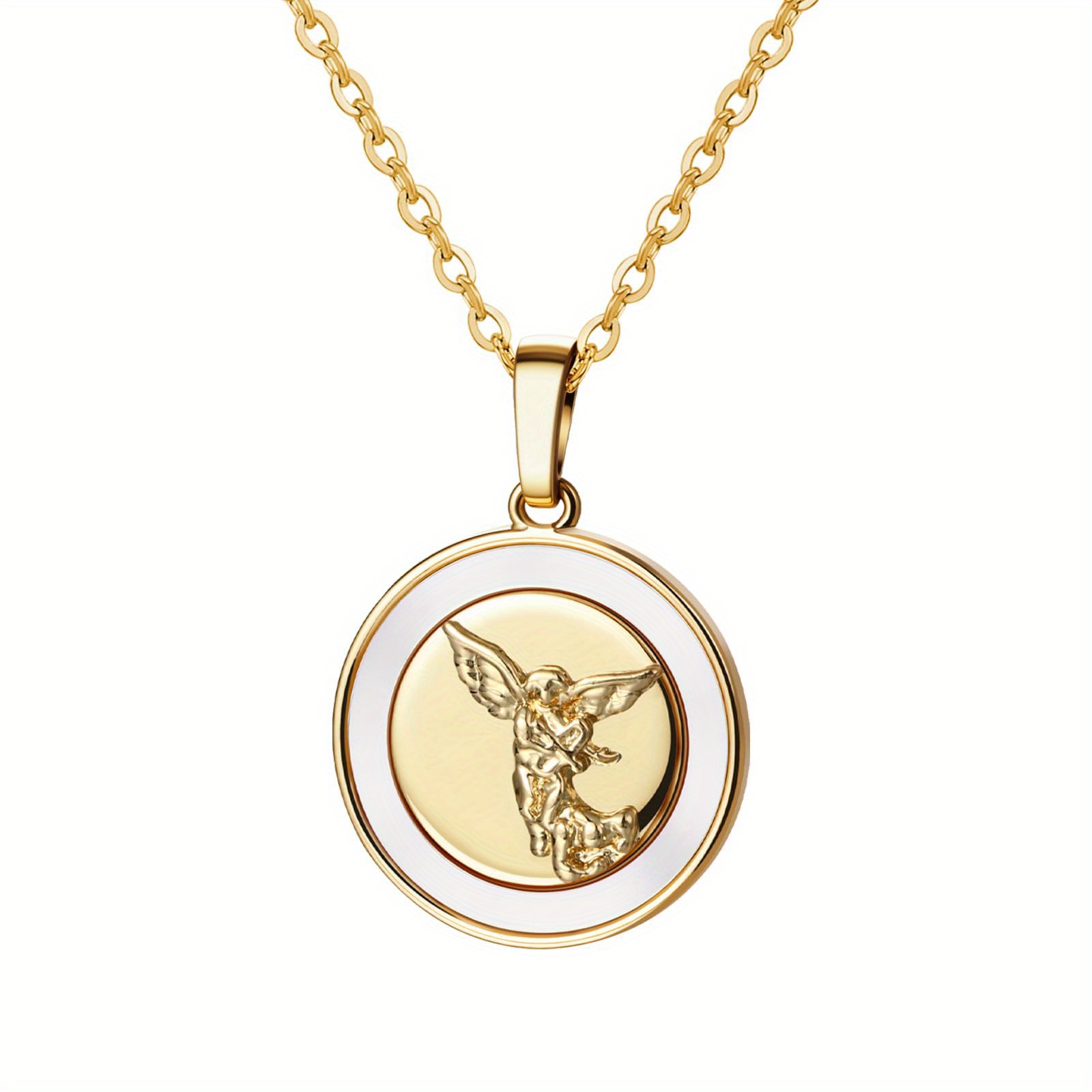 Image of Jewelrywe Women's Necklace: Archangel Michael Copper Shell Pendant With Stainless Steel Chain Catholic Protection Jewelry With Card