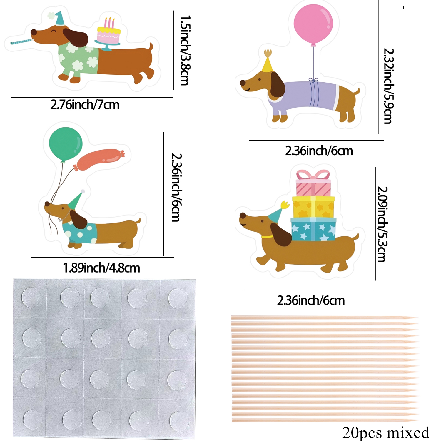 Image of 20pcs/set Cartoon Dachshund Cake Topper Colorful Dachshund Pets Picks With Balloons For Wedding Happy Birthday Celebrating Party Cupcake Decorations
