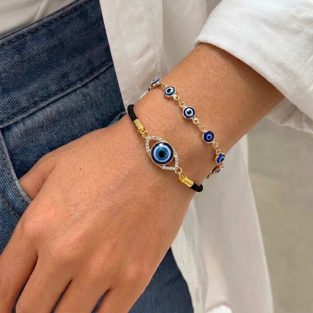 TEMU Ensemble de 2 bracelets œil turc pour femmes, bracelet empilable avec chaîne en corde tressée et strass œil bleu turc, amulette de protection ,