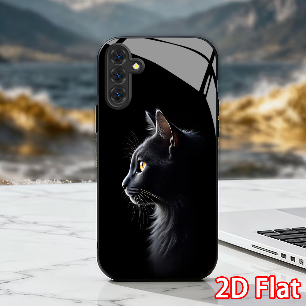 Image of Phone Case: 2d Black Cat Phone Case Minimalist Artistic Style Glass Phone Case For Galaxy S22 S23 S24 S25 S26 A13 A14 A15 A16 A36 A17 A34 Fe A Gift For Her Elegant Phone Case Fashion Protective Case