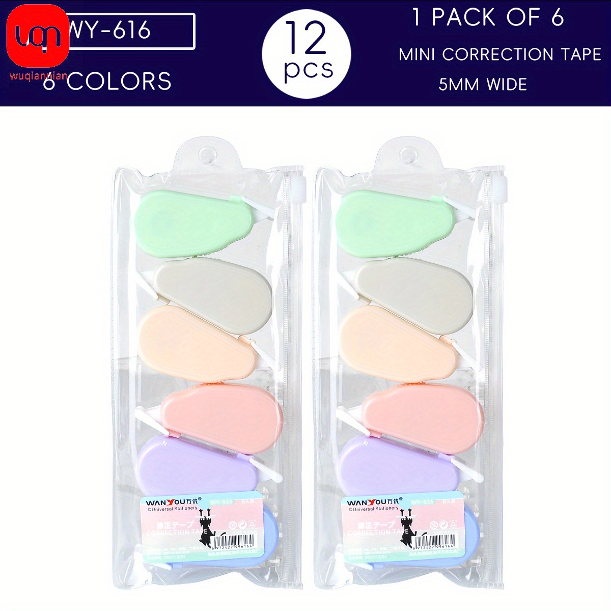 TEMU 12pcs Wqn Transparent Pet Film Correction Tapes - 6 Vibrant Colors, Large Capacity Anti-drop Design, Smooth Writing & For Office, School, Home