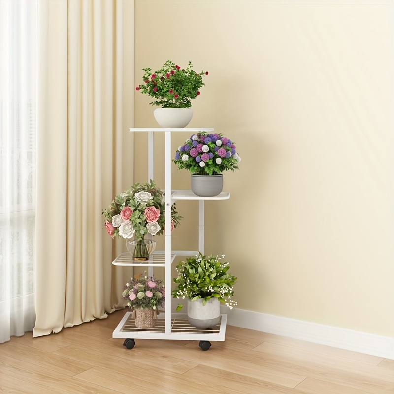 Image of Dommia4-layer Metal Flowerpot Rack, Movable Pulley Storage Rack, Plant Rack, Living Room Balcony Corner Storage Decorative Rack