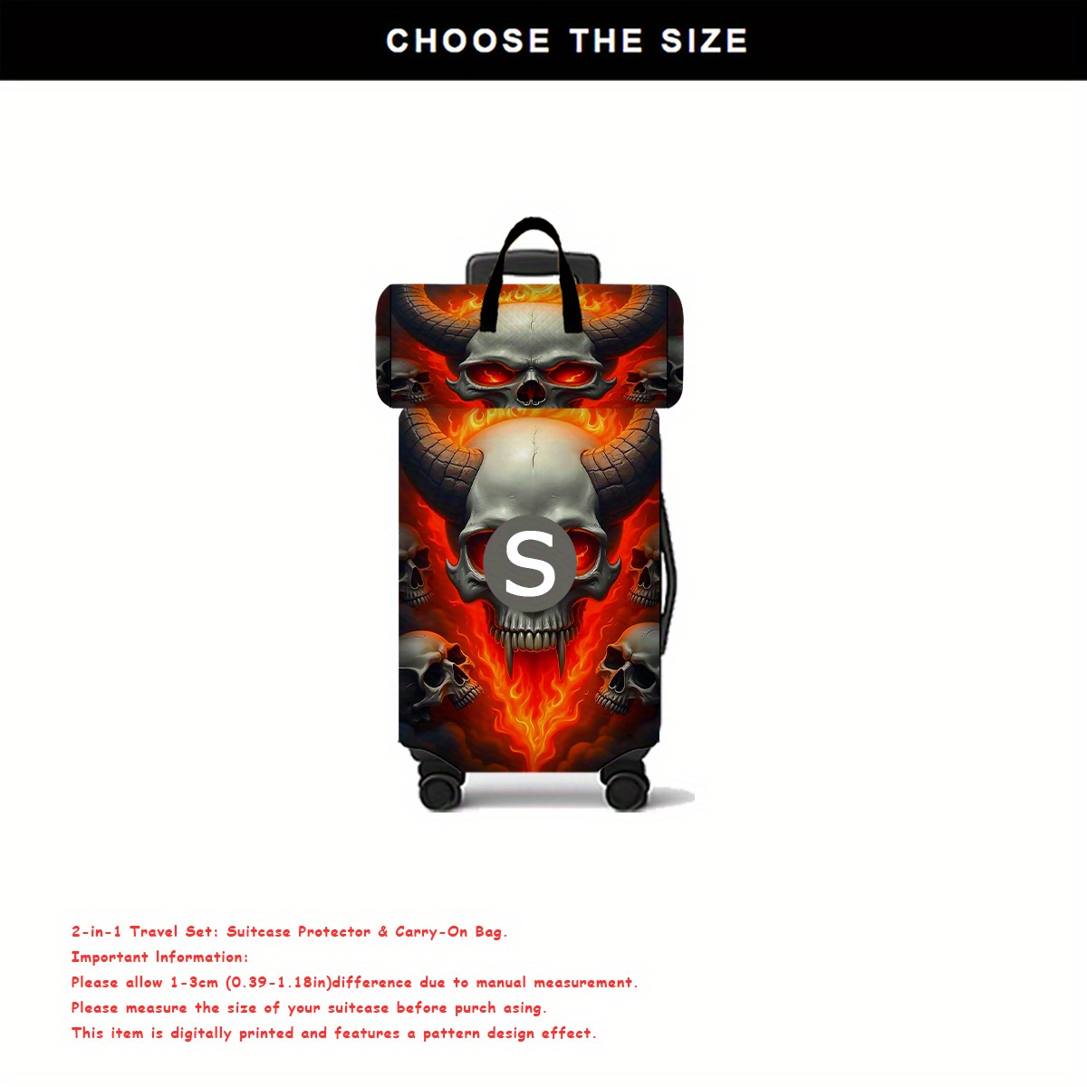 TEMU 1 Set, 2d Flat Flame Skull Dark Pattern Luggage Set, Includes 1 Handbag And 1 Stretchable Luggage Cover, For Trendy Men And Women, For And
