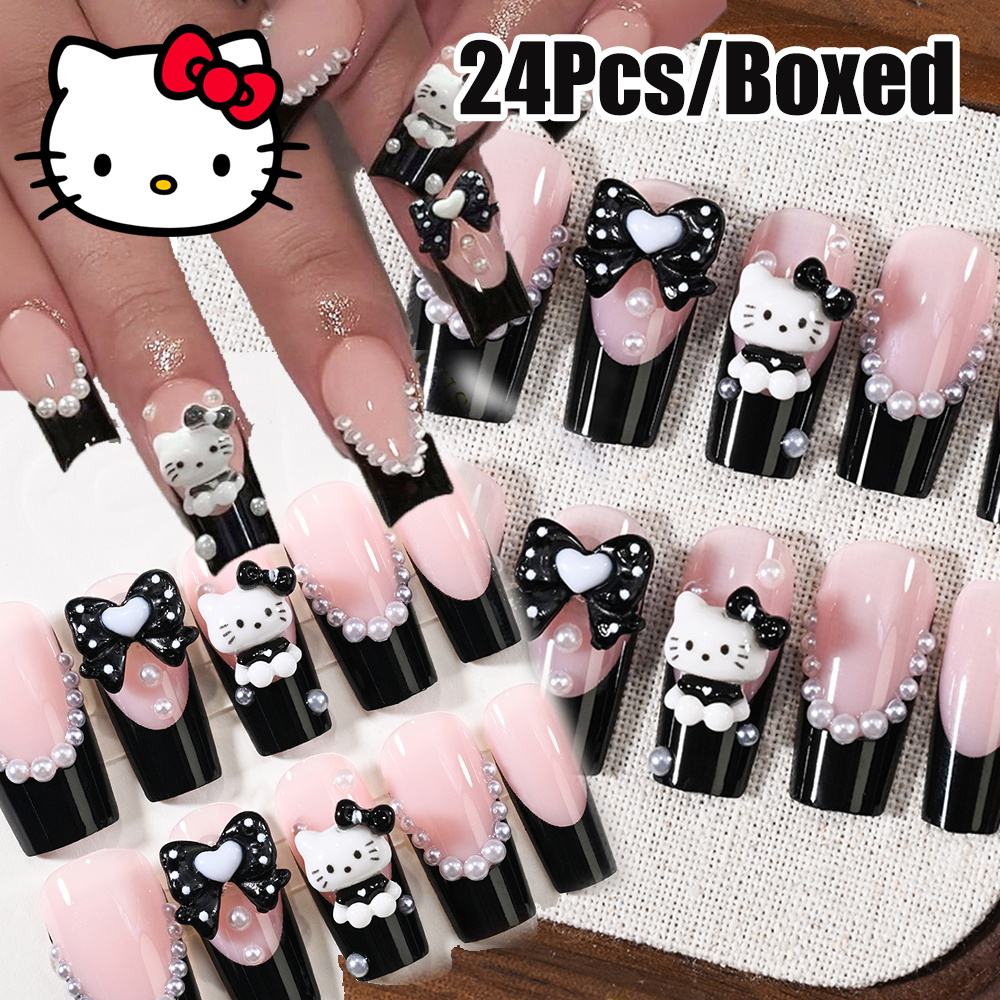 Image of 24pcs/ Y2k Black-french Hello Kitty Fake Nails 3d Kawaii Resin Black Bowknot And Kitty Cat False Nail Tips Cartoon Manicure Tips With Jelly Glue Nail Tips