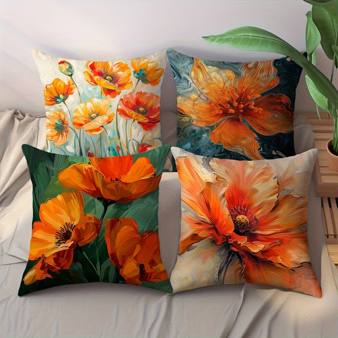 TEMU 4pcs Print Throw Pillow Covers - Vibrant Flowers, Soft Polyester, Zipper Closure, Machine Washable, Living Room, Bedroom, Office, And Outdoor