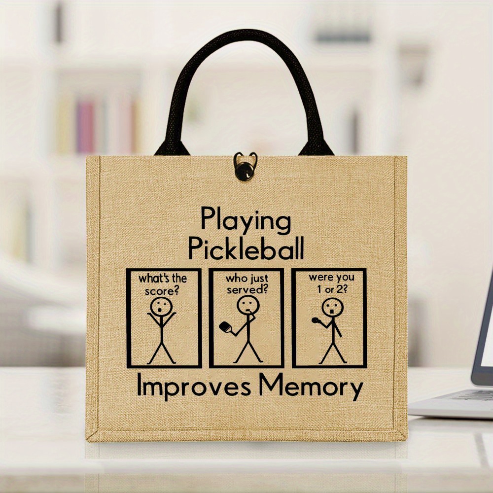funny pickleball printed jute tote bag large capacity durable handbag with   closure trendy   for outdoor picnic party   gift idea
