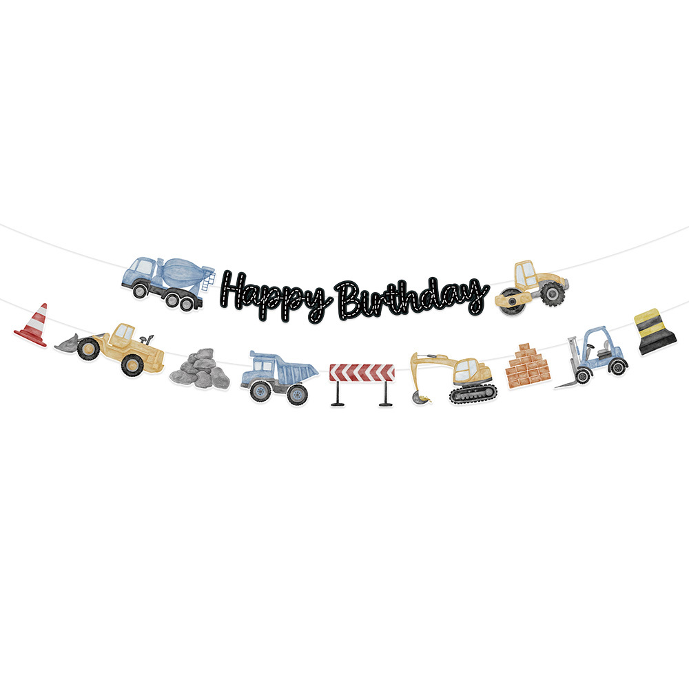 Image of 1set Construction Vehicle Birthday Party Banner & Flag, New Designhappy Birthday Banner Paper Flag For Perfect For Celebrations, Birthday Party Decor Background For Photoshoot Room Decor