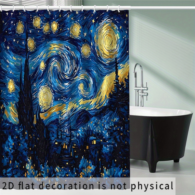 TEMU 2d Flat, 1pc 2d Flat Starry Night Pattern Printed Shower Curtain, High-end -to-install Bathroom Curtain, Suitable For Home Decor, With 12 Hooks,
