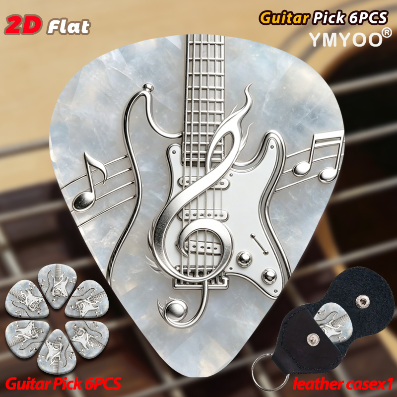 TEMU 2d Flat 6pcs Guitar Picks Guitar Pick Set With Musical Notes And Electric Guitar Silhouette For Professional Guitarists Live Performances And
