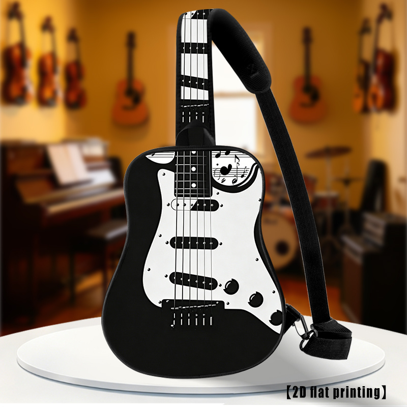 TEMU Guitarra eléctrica negra (3), bolso de ajustable con impresión 2D, bandolera o bolso de pecho para mujer y hombre. Compacto y portátil, adecuado