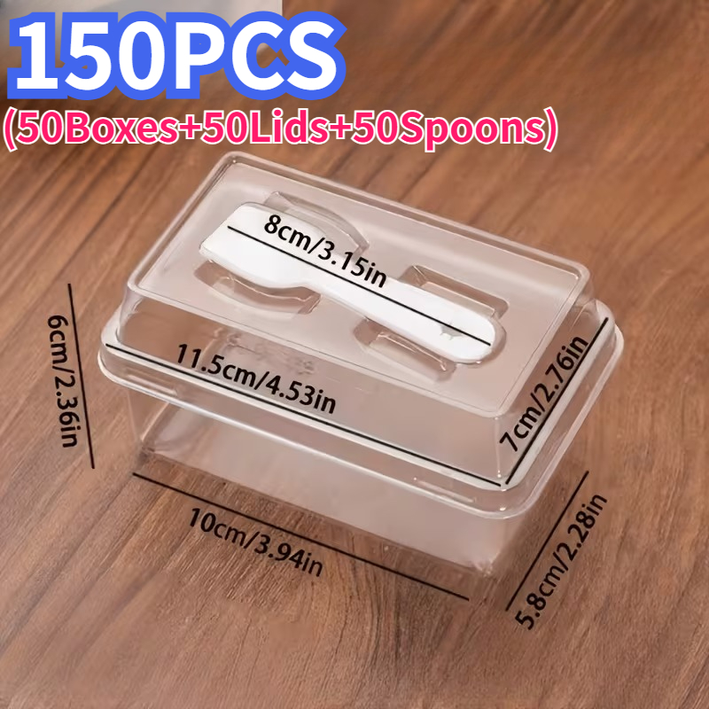 TEMU 75/150 pcs Récipients à dessert transparents avec couvercles et cuillères (25/50 boîtes et 25/50 couvercles et 25/50 cuillères), gobelets à