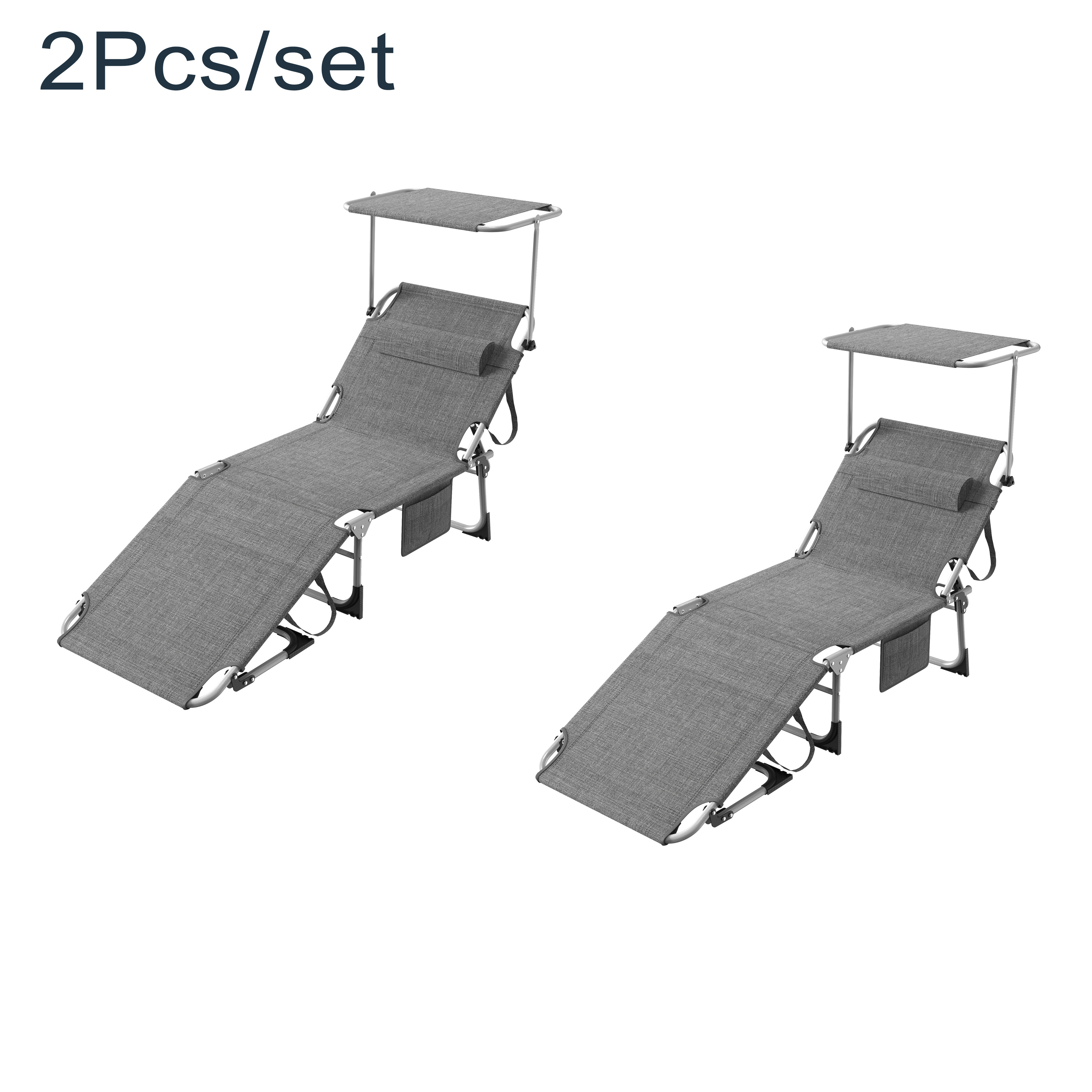 2pcs Set Foldable Sun Loungers With Sun Canopy And Side Pocket 195 X 68 Cm, Lightweight Recliner With Adjustable Backrest, Perfect For Terrace, Black//khaki/gray