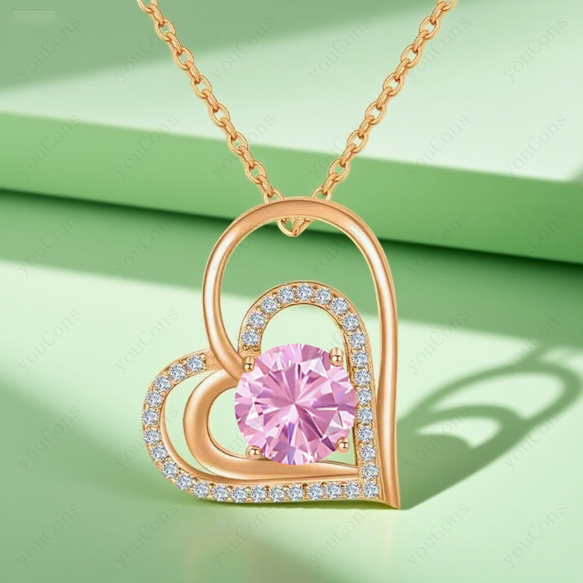 Women's Romantic Pink Synthetic Zirconia Heart-Shaped Pendant Necklace