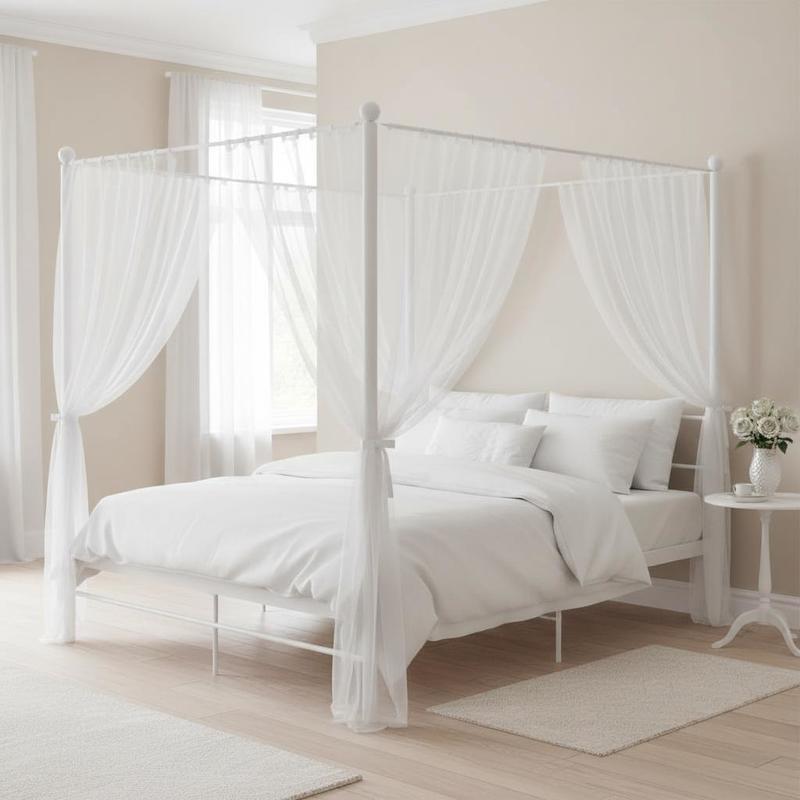 Image of White Metal Canopy Bed Frame Queen Size (180x200cm) - Heavy-duty Bed With Canopy Roof, Assembly Suitable For Modern Bedrooms, For Spaces, Mattress Not Included